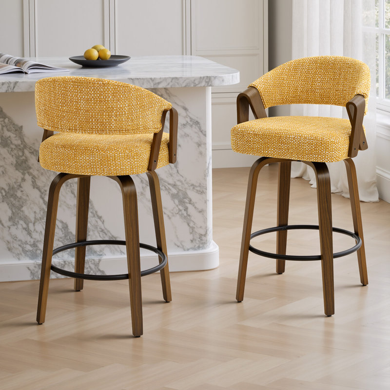 Tabouret de bar pivotant à 360 ° de style Mid-Century moderne en noyer avec dossier courbé rembourré (ensemble de 2), Jaune