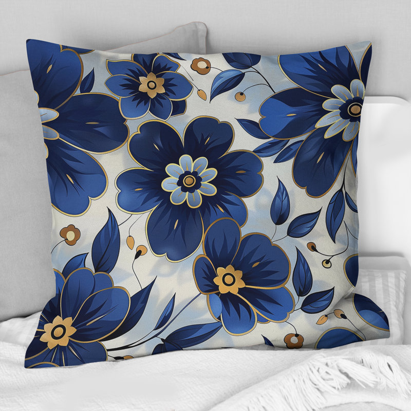 Cobalt bleu floral transitionnel VII - Coussin décoratif transitionnel, H 16 po x l 16 po