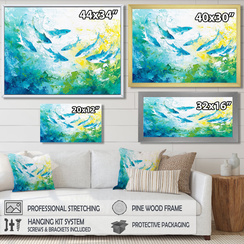 Abstract Sharks Swimming - Shark Wall Art Print, 12" H x 20" W, Picture Framed Print, Black