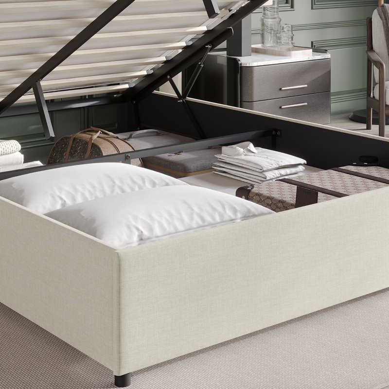 GRANDE PLATE-FORME WINGBACK DE GRANDE TAILLE ÉLEVÉE EN LIN BEIGE, Grand lit, Beige