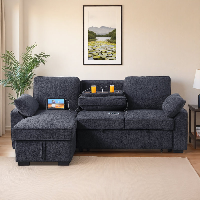Upholstered Chenille Sofa Bed Pull Out Sleeper Sectional Couch with Reversible Storage Chaise , USB Ports, Cup Holders, Gray