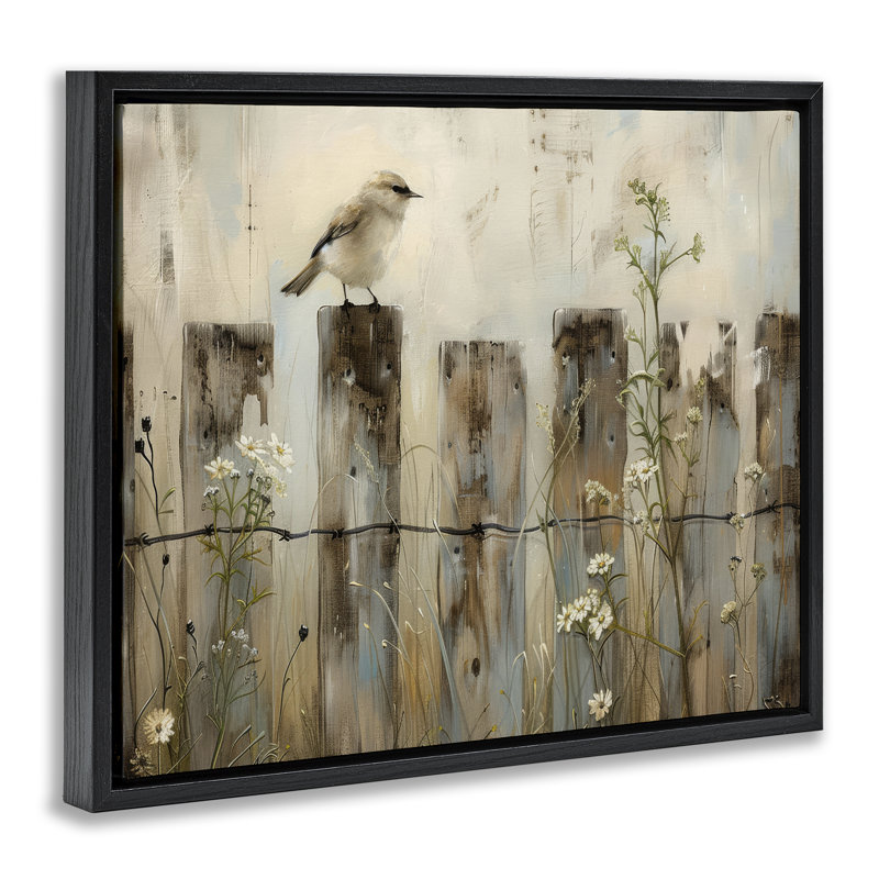 Art mural sur toile flottante avec clôture, oiseau perché à la campagne par Arlington Prints, H 17 po x l 21 po
