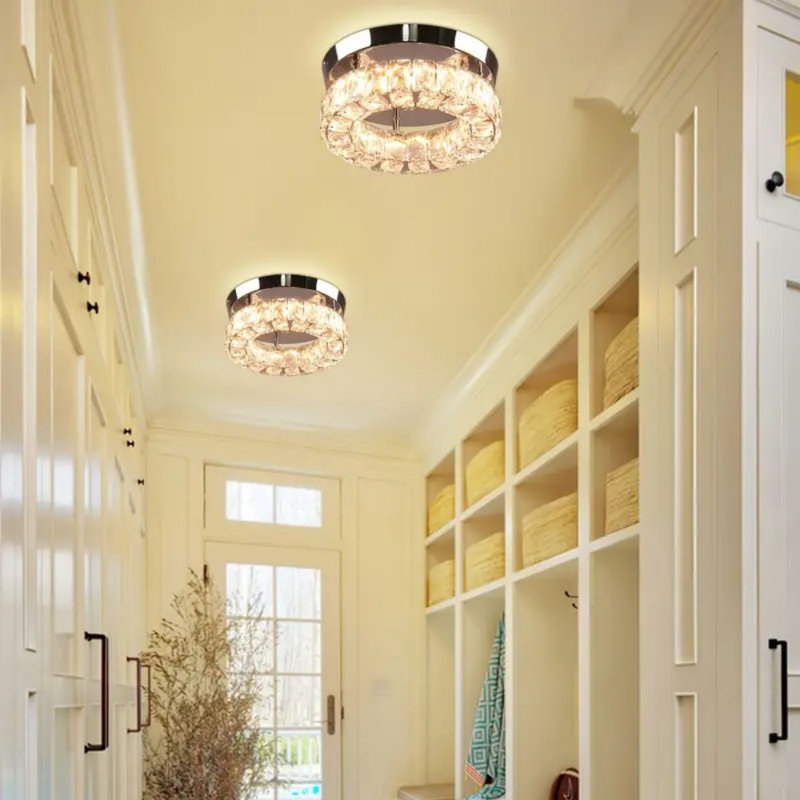 Modern Dimmable Crystal LED Chandelier With Remote - 3-Color Adjustable Flush Mount Ceiling Light For Hallway, Kitchen, Staircase, Closet, Memory Function, Polished Metal Finish, Elegant Design For Contemporary Spaces, Light Decor