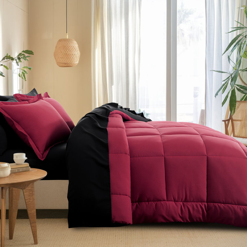 Ensemble d'édredon en microfibre 5/7-pièces , Édredon pour grand lit simple + 4 pièces supplé, Rouge / Noir