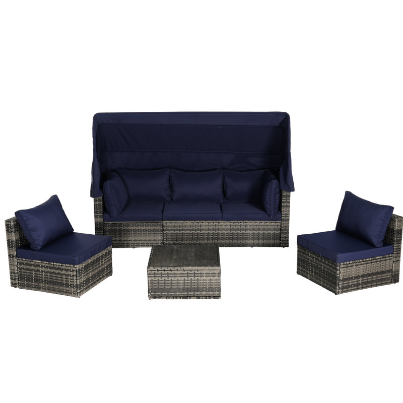 Outdoor Patio Daybed Furniture  5 Pieces . Retractable Canopy And Side Table Included. On Steel. Generous Washable Seat Cushions. Breathable Fabric. Smooth Curved Back For Easy Mobility. Gray , Dark