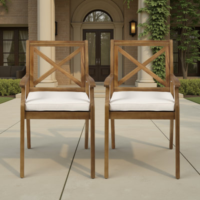 Set of 2 Acacia Wood Outdoor Dining Chairs with Water-Resistant Cushions, Patio Chiars with Armrests