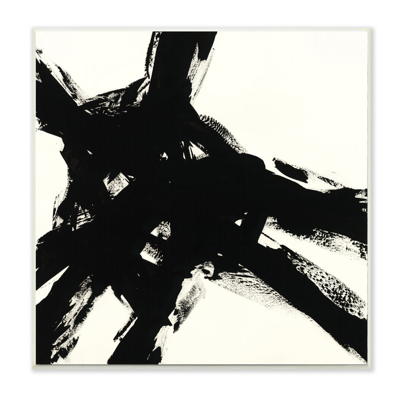 Coup de pinceau noir dominante sur une abstraction beige, Bois naturel, H 12 po x l 12 po x P 0,5 po