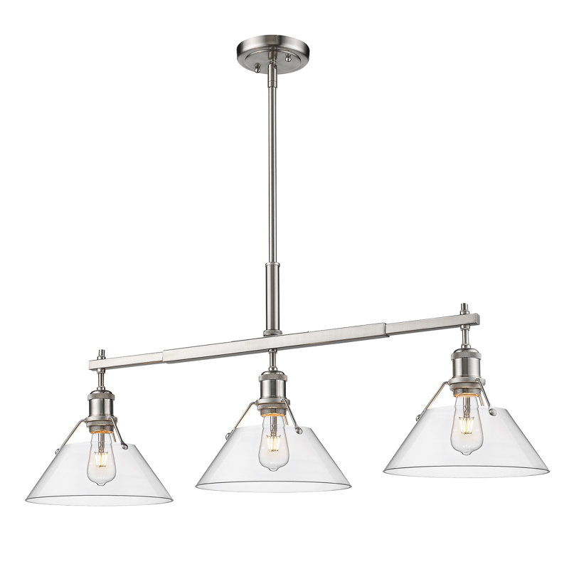 Luminaire suspendu linéaire à 3 lumières pour îlot de cuisine Weatherford, Verre transparent, Étain