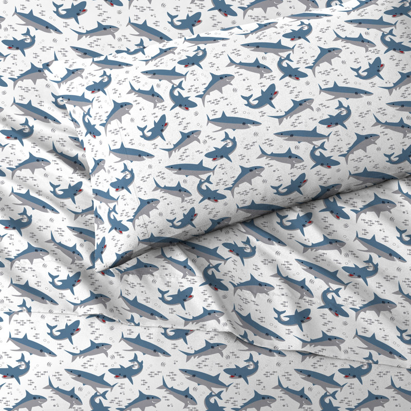 Blue and White Shark Print Twin Microfiber Sheet Set