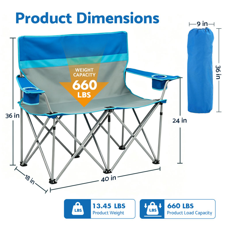 Canapé de camping deux places, fauteuil pliant double extérieur à dossier haut pour adultes, peut supporter jusqu'à 300 kg.
