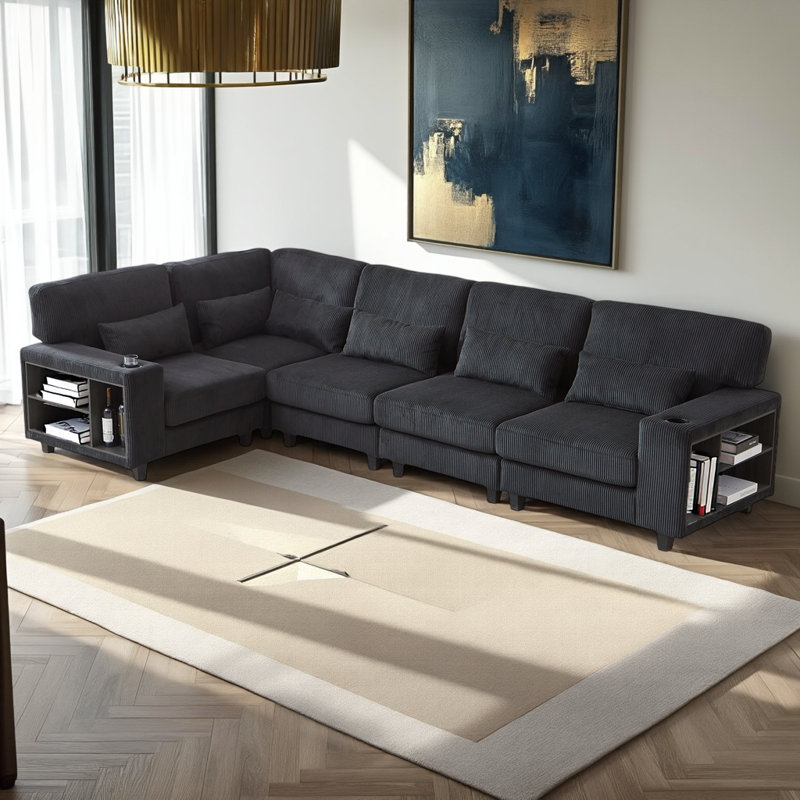 Canapé modulaire convertible en velours côtelé avec rangement pour accoudoirs et porte-gobelets, Noir