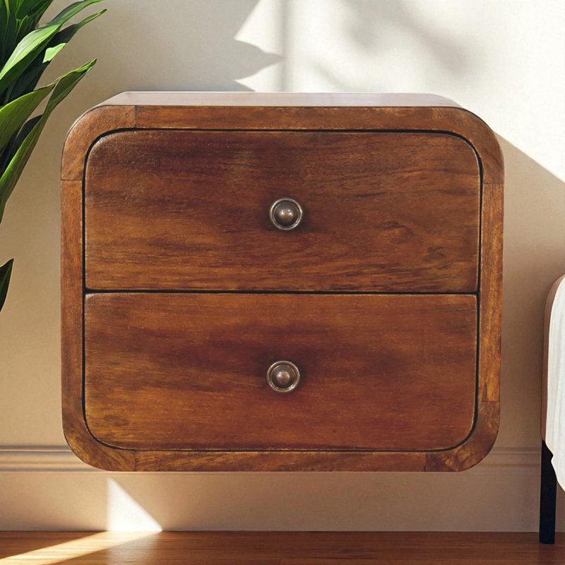 Wood Floating Mini Chestnut Nightstand, 2-Drawers, Shiny Knobs