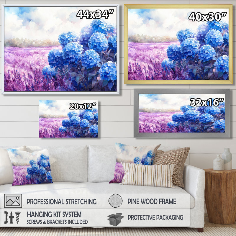 Hortensias dans le champ de lavande IV - hydrangées, art mural large, Impression d'un seul cadre photo, Argent