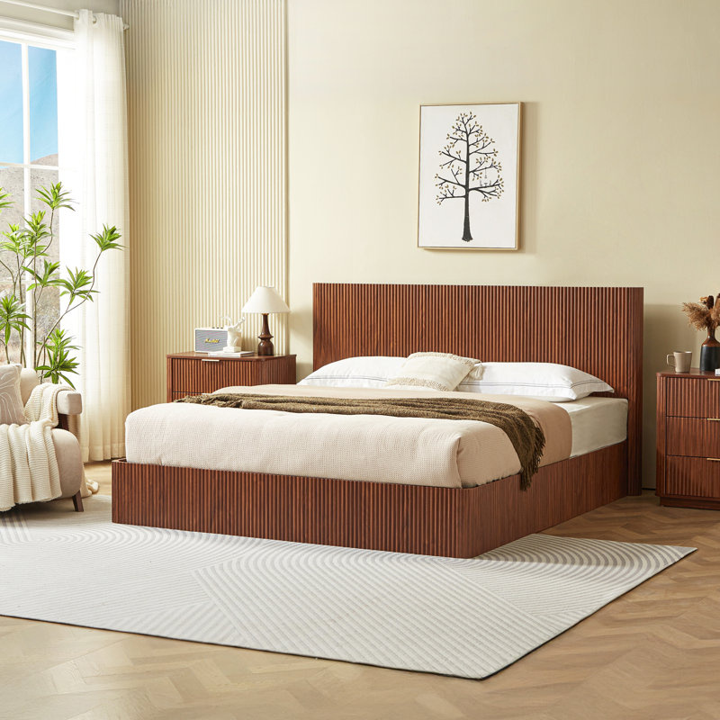 Très grande base de lit avec rangement relevable, lignes courbes ondulées en bois, rangement hydraulique