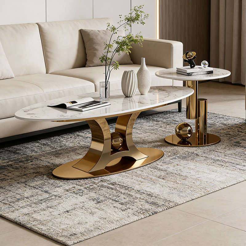 Ensemble de tables basses Sintered Stone, H 16,93 po x L 47,24 po x l 23,62 po, Doré