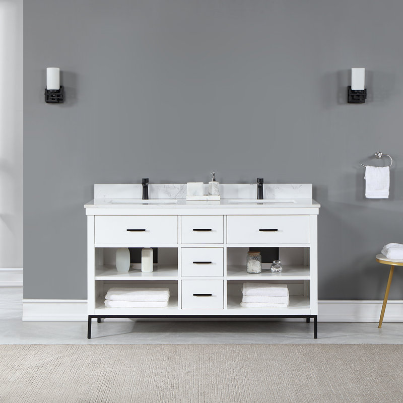 Kesia 60'' Double Bathroom Vanity with Cultured Marble Top, Matte Black, White