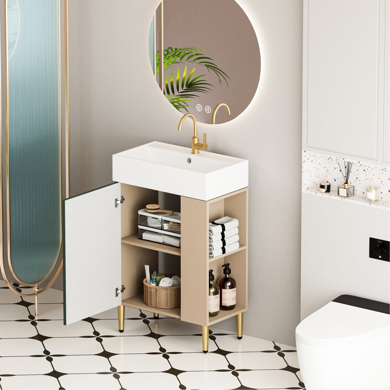 Meuble-lavabo compact de 21,6 po, armoire à fermeture en douceur, tablette latérale ouverte à droite et tablettes de lavabo teintées, fini pour