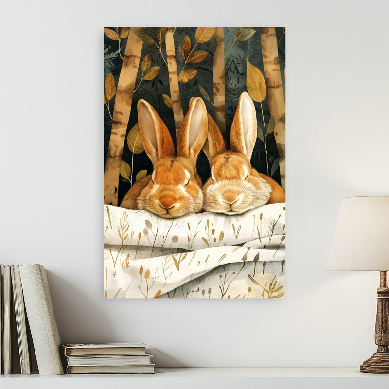 «Sleeping Woodland Bunnies Peaceful Abstract Contemporary Lapin Autumn Forest», reproduction d'art, H 24 po x l 16 po