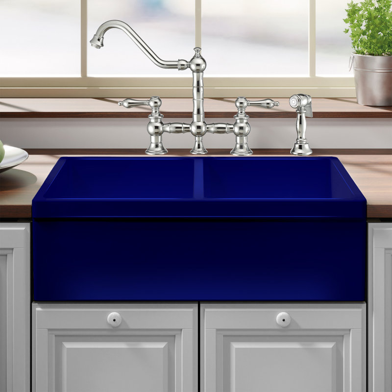 Whitehaus 33" Reversible Double Bowl Fireclay Kitchen Sink: 2-1/2" Lip, 2" Lip Front Apron, Sapphire Blue