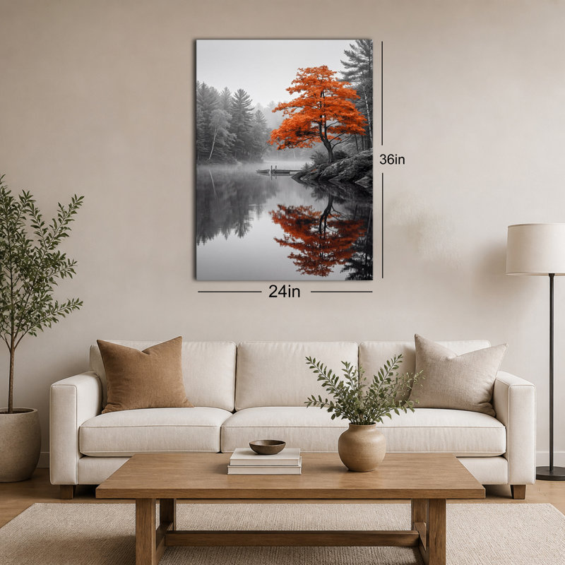 «Black and White Lake Landscape with Vibrant Orange Tree Gallery», art mural sur toile tendue, 12x18in