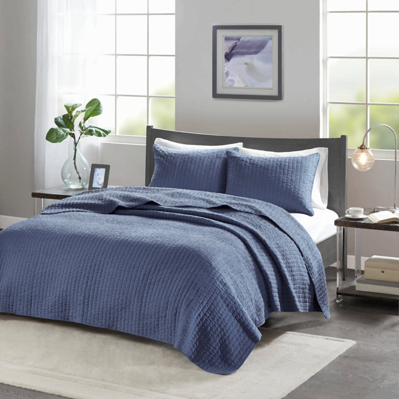 Ensemble de courtepointe 3 pièces bleu marine double / grand