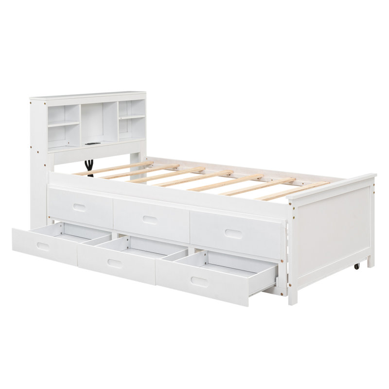 Lit plateforme simple avec tête de lit, USB, lit gigogne simple et 3 tiroirs, Blanc