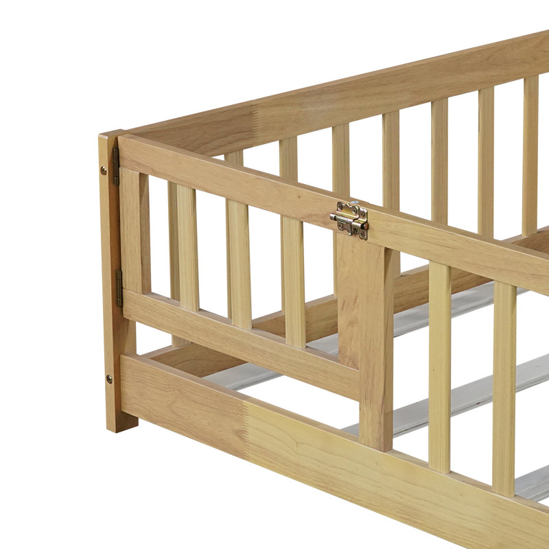 Twin Size Rubber Wood Floor Bed – with Safety Guardrails, Fence & Door, Natural