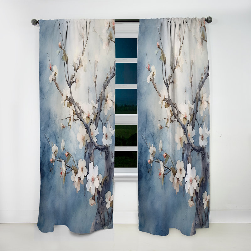 Avenale Blue and Grey Cherry Blossoms Sapphire - Traditional Curtain - Velvet Room Darkening - 1 panel, 52" W x 90" L