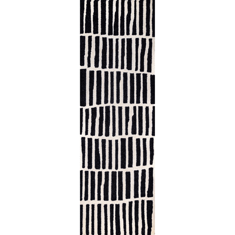 Tapis noir / ivoire / crème en laine fabriqué à la main à motif géométrique Odalis, Tapis de couloir 2 pi 6 po x 8 pi
