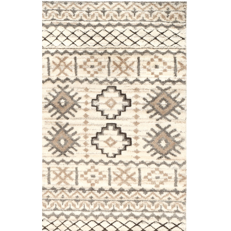 Tapis de zone beige en laine noué la à la main Palni, Rectangle 6 pi x 9 pi
