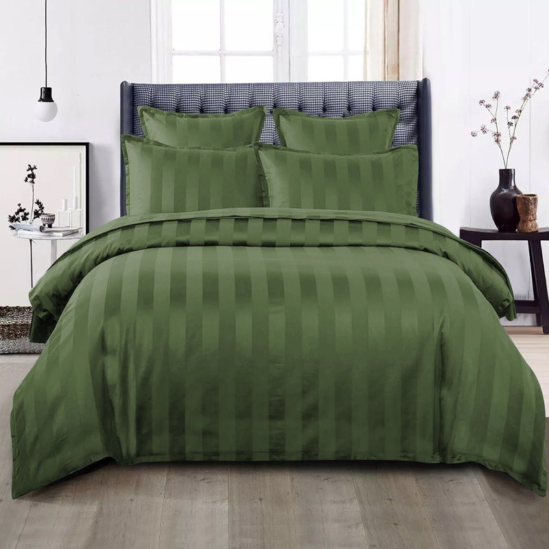 Renze Microfiber 250 TC Reversible Stripe Duvet Cover Set with Pillowcases, Olive