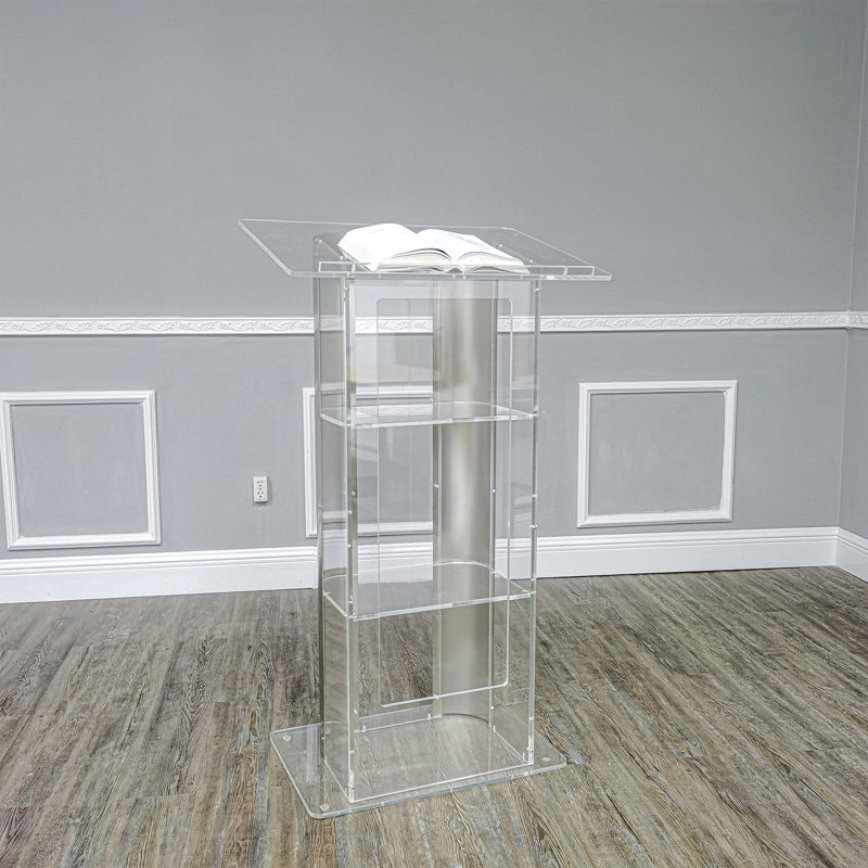 Clear Acrylic and Brushed Stainless Steel Podium with Shelves