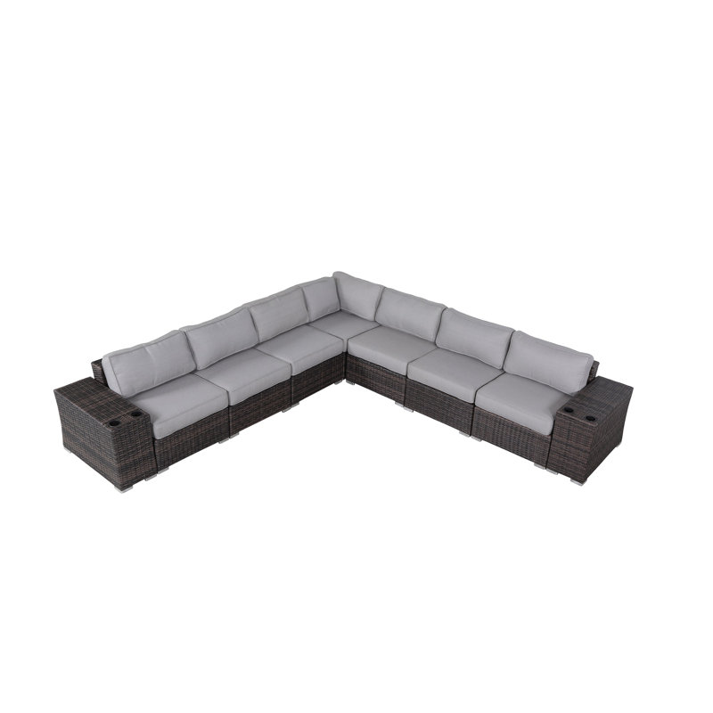 Albulena Fully Assembled Outdoor Wicker Patio Sofa | Pre-Assembled Quick Setup Patio Furniture, Brown, Olefin Gray