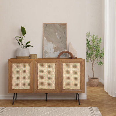 NTC MOSSIC Sideboard 3 Doors Natural Rattan Storage Cabinet, Buffet with Metal Legs, Boho Accent Cabinet for Living Room, Dining Room, and Entryway, E by NTC