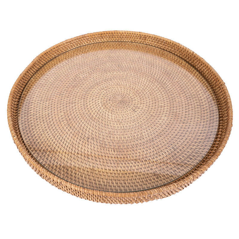 19" Round Serving-ottoman Tray With Glass Insert, 19" W x 19" D x 1.5" H, Honey Brown