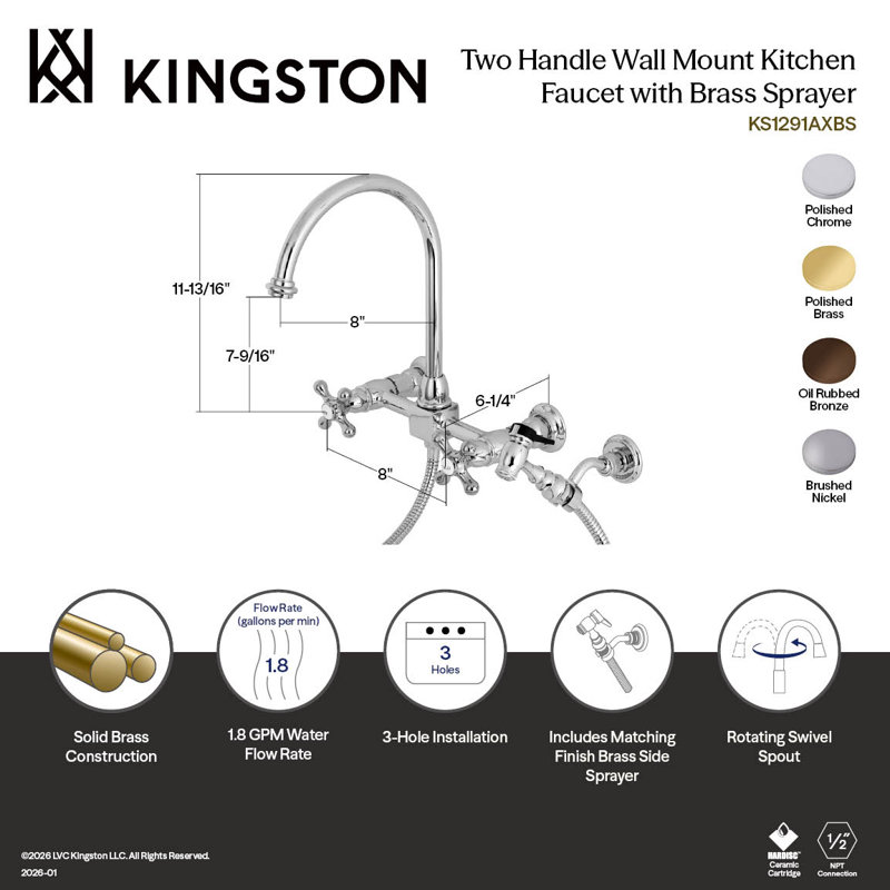 Kingston Brass Restoration Double-Handle 3-Hole Wall-Mount Bridge Kitchen Faucet with Brass Sprayer, Polished Brass/White