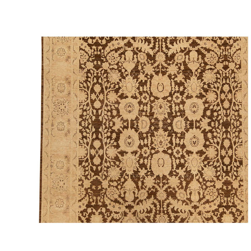 Tapis brun / beige en laine noué à la main de conception unique 8 pi 9 po x 11 pi 4 po