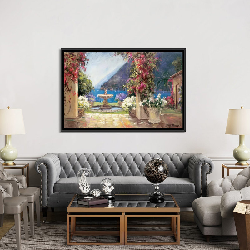 « seaside fontaine », reproduction sur toile, H 18 po x l 26 po x P 1,5 po, Toile avec cadre noir, Pas de tapis