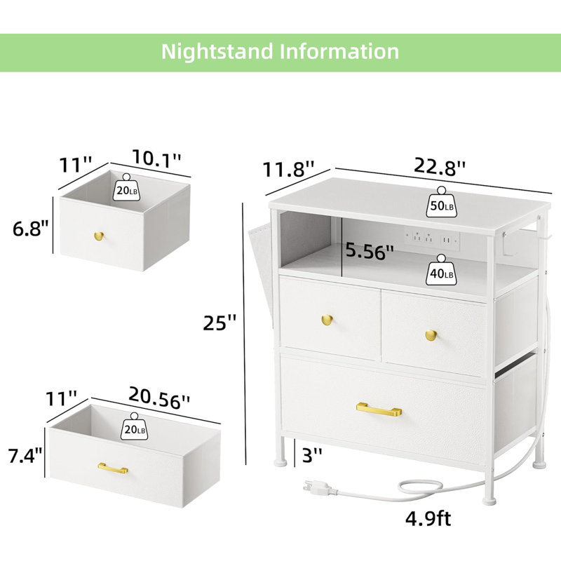 Nightstand with Charging Station and LED Lights, End Table with 3 Drawers and Shelf, White Dresser Landri