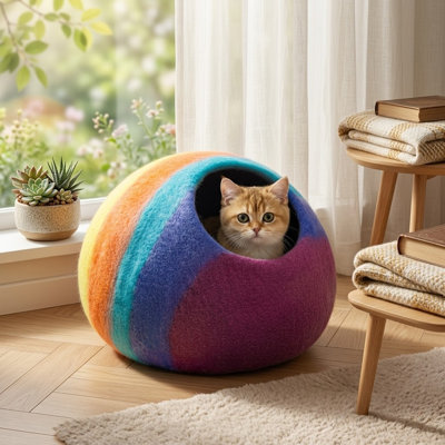 Lit pour chat en feutre de qualité supérieure - fait à la main en laine pour chats d'intérieur, fabriqué en laine mérinos, cachette pliable pour chat, cachette Rainbow Twist