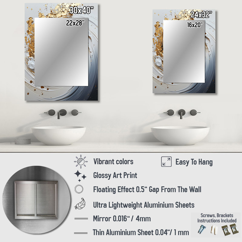 White Black Gold Cosmic Whirlpool I - Abstract Spirals Large Mirror, Modern Decorative Wall Mirror, Printed Metal Art