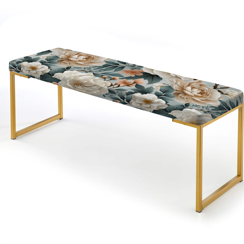 Upholstered Gold Bench, Farmhouse Blue And White Floral Gardens I