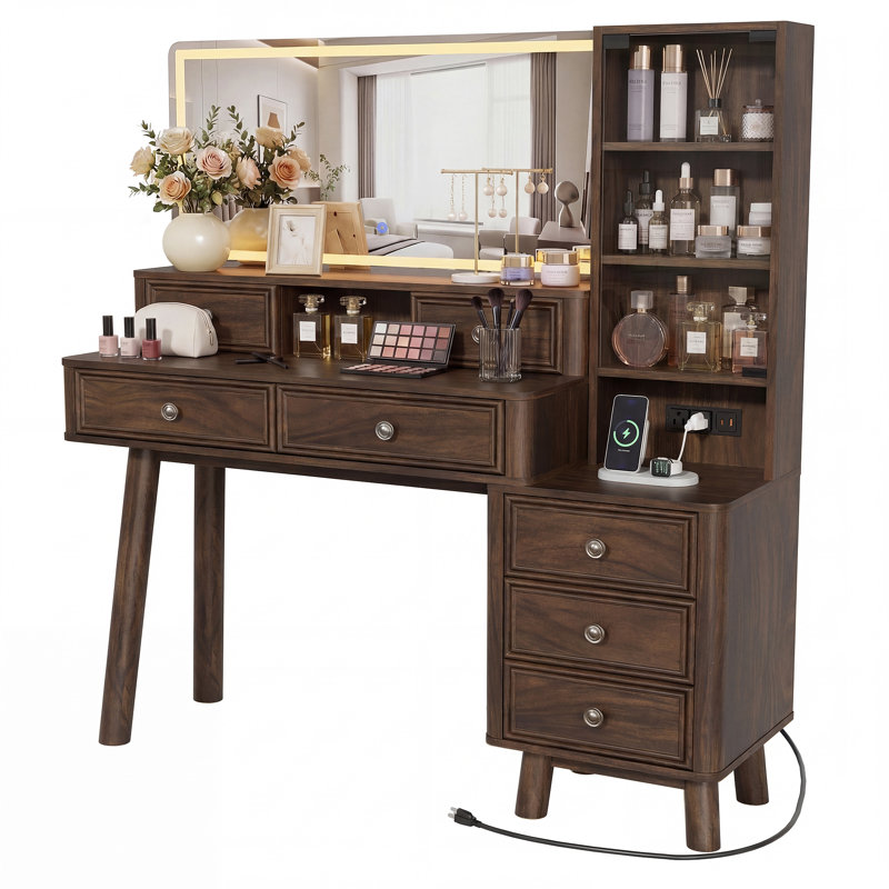 48" Makeup Vanity Desk with 3-Color Dimmable LED Mirror, Charging Ports, and Dust-Proof Storage Cabinet, Bourbon Brown