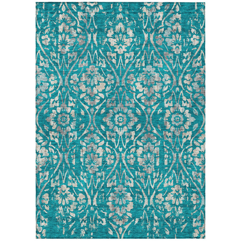 Tapis extérieur lavable floral bleu sarcelle et ivoire 3 pi x 5 pi