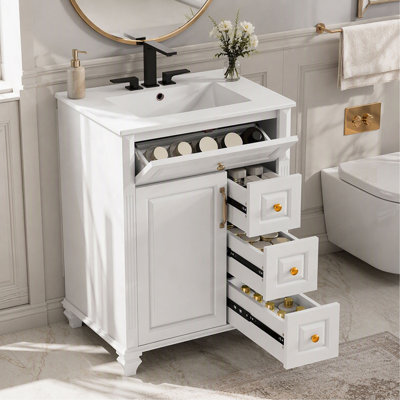 Meuble-lavabo de salle de bain 24 po avec évier, armoire autoportante avec tiroir rabattable, 3 tiroirs et armoire de rangement, bois massif et panneau de fibres à densité moyenne, comptoir d'évier en céramique - blanc