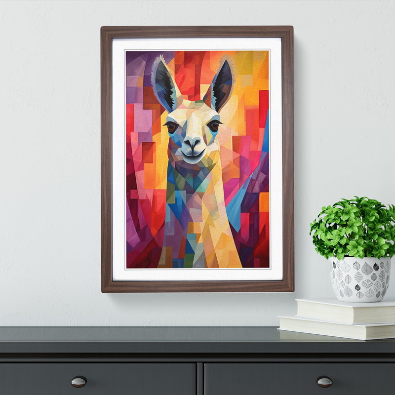 Llama Cubism - Single Picture Frame Print on Wood, Walnut Framed, 64cm H x 46cm W x 2cm D