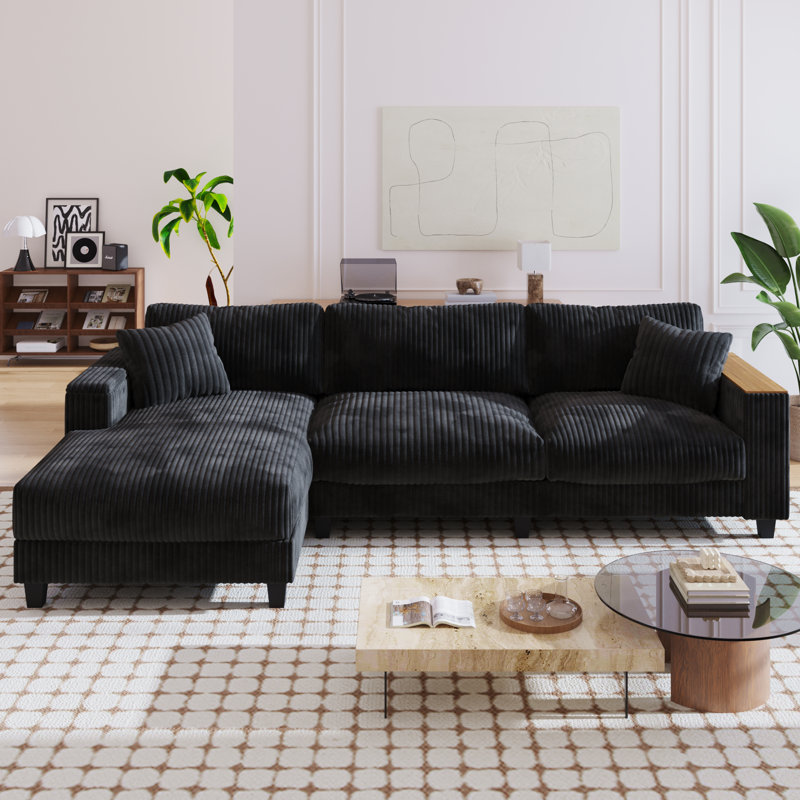 Deitz L-Shaped Corduroy Sectional Sofa with Hidden Storage & Pillows, Left Hand Facing, Black Corduroy