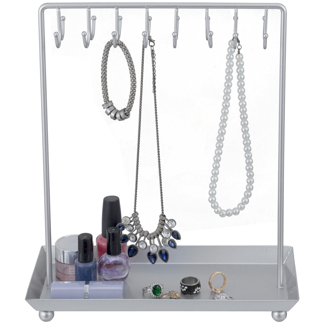 Silver Jewelry Necklace Display Storage Stand with Tray Ebern Designs