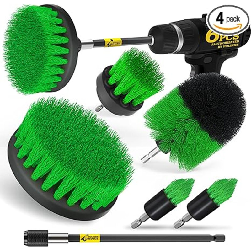 6Pack Drill Brush Power Scrubber Cleaning Brush Extended Long Attachment Set All Purpose Drill Scrub Brushes Kit For Grout, Floor, Tub, Shower, Tile, Bathroom，Scrub Brush Green