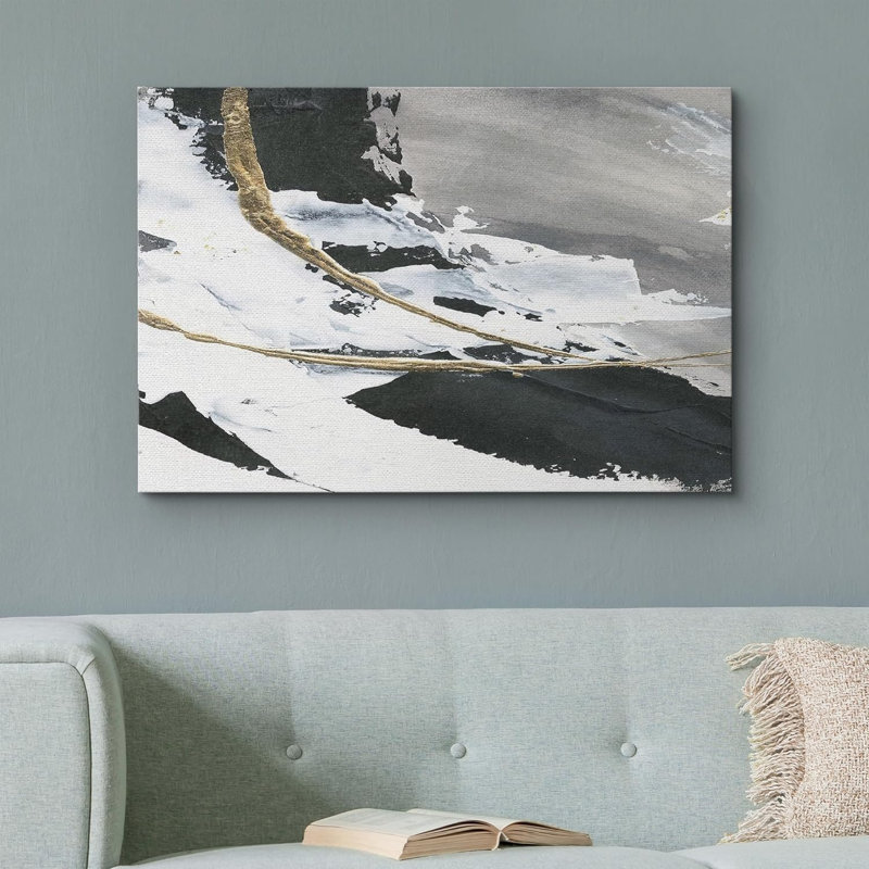 «Gold Black Paint Stroke Abstract Landscape on Canvas», reproduction d'art sur toile, H 16 po x l 24 po x P 1,5 po